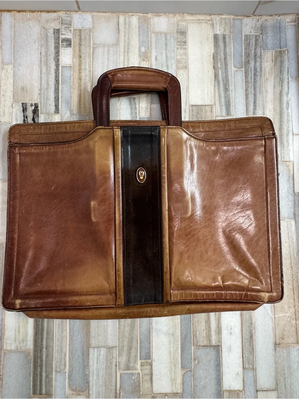Rare vintage Oleg Cassini leather briefcase two tone leather drop handles zip